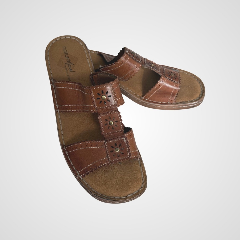 Natural Soul by Naturalizer Calico‎ Brown Leather Floral Slide Sandals Womens 9M